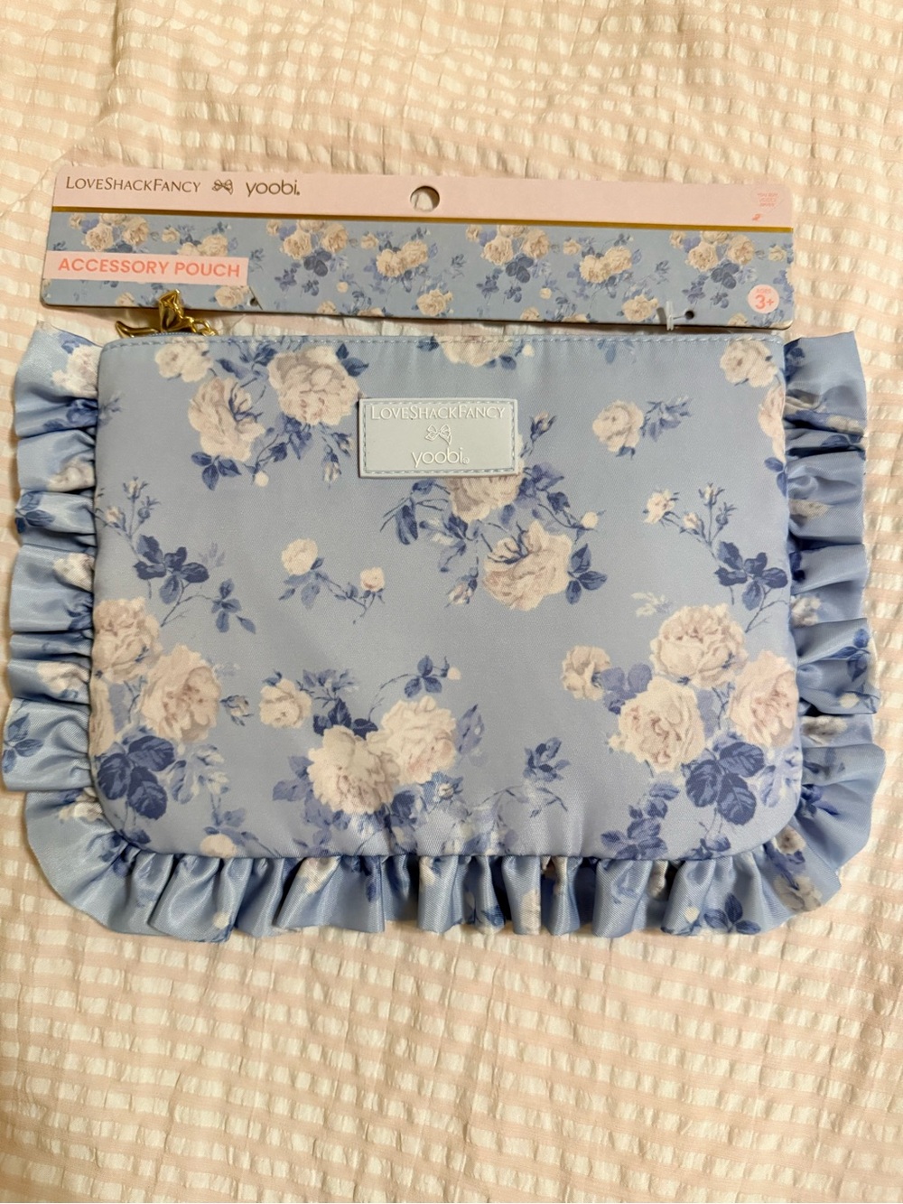 LoveShackFancy Blue Floral Ruffle Accessory Pouch w/gold bow detail NWT